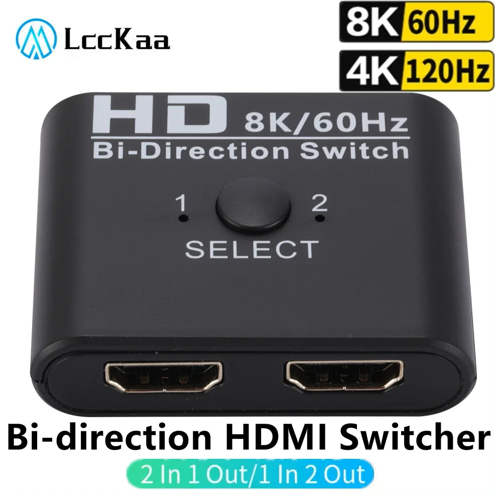 8K 60Hz HDMI Switch 4K 120Hz Bi-Direction 2 Ports HDMI Splitter Switch for Laptop PC Xbox PS3/4 TV Box to Monitor TV Projector