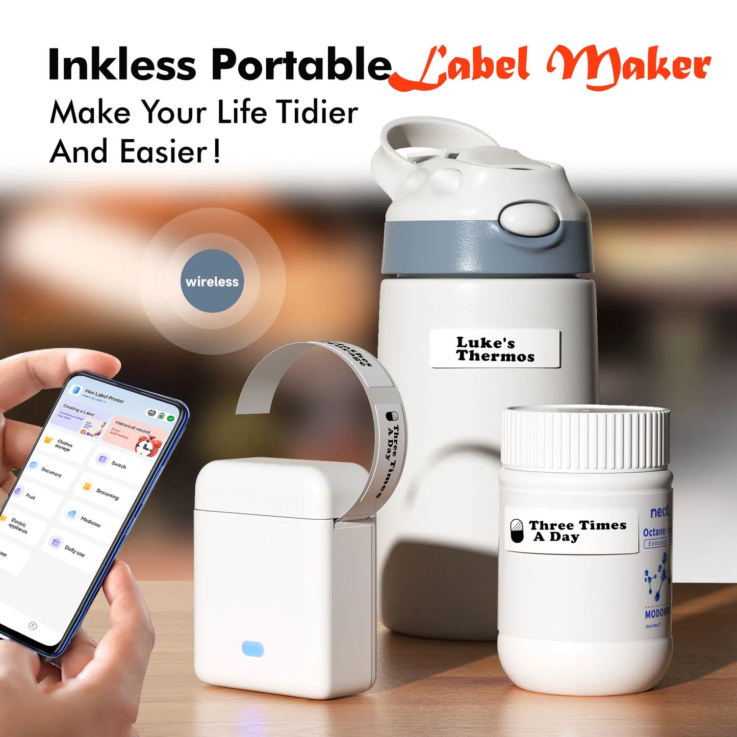 Mini Label Printer， Portable Thermal Printer ，Self-Adhesive Sticker Labeling Machine， Wireless Bluetooth，Inkless Printer