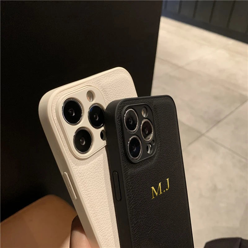 Personalised Customized Name Case For iPhone 17 16 15 14 13 12 11 Pro Max Initials Letters Leather Cover 13 15 16 17 Air Pro Max