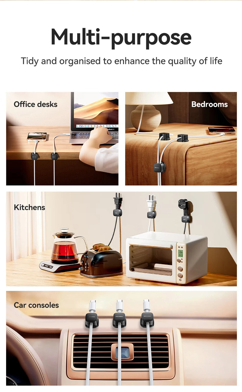 Rocoren Magnetic Cable Organizer Smooth Adjustable Cable Holder Under Desk 6PCS Stable Cable Management Wire Keeper Cable Clips