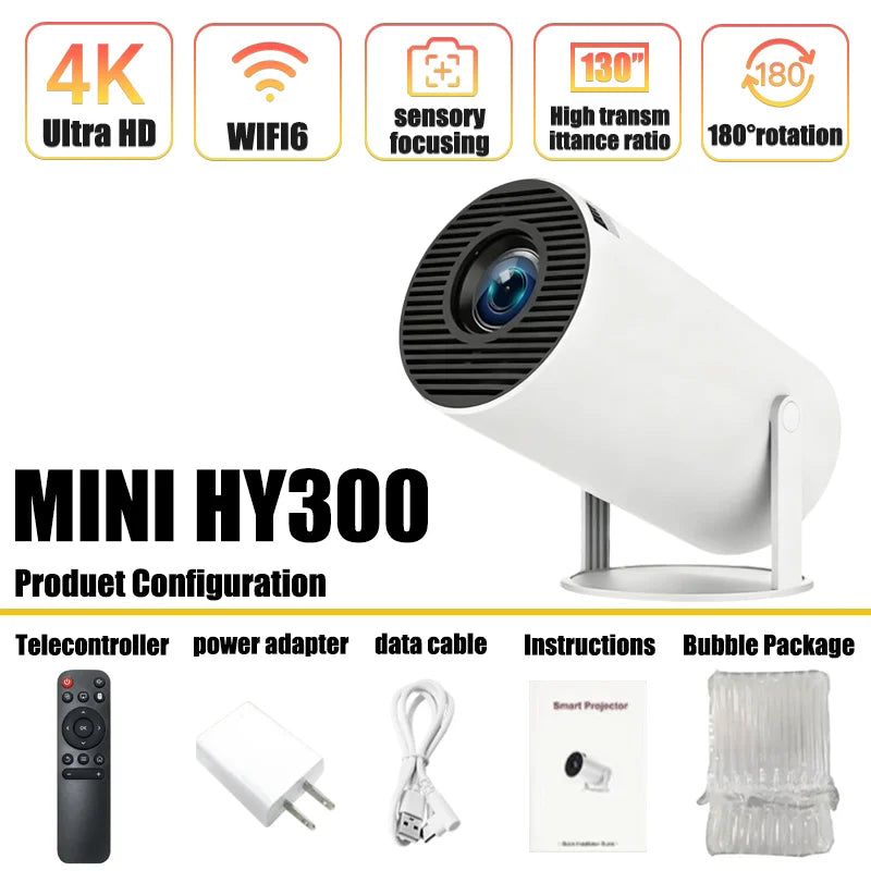 Portable Projector 4K Ultra HD 2025 MINI HY300 300ANSI Brightness Android 11 BT54 Electronic Focus Built in Speaker Home Theater