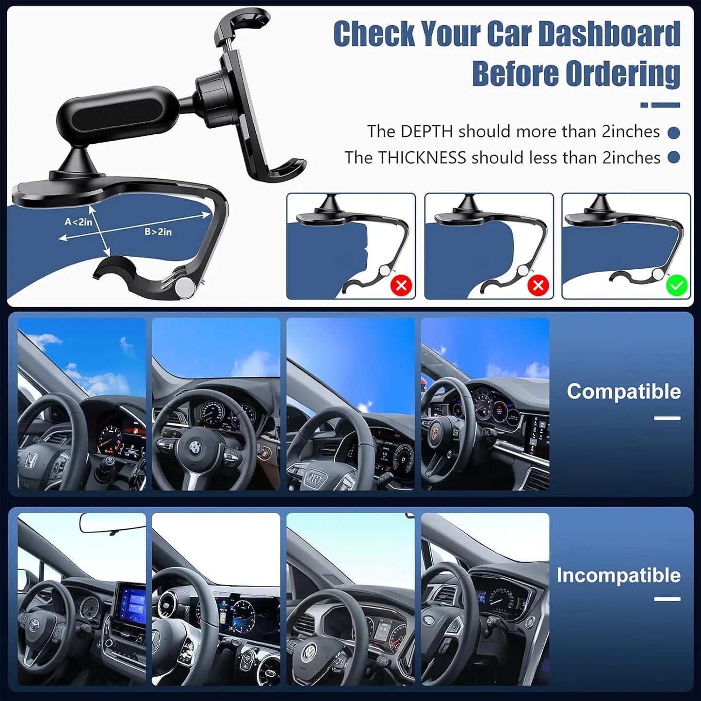 360 Degree Rotation Dashboard Cell Phone Holder for Car Clip Mount Stand Suitable for 4 to 7 inch Smartphones