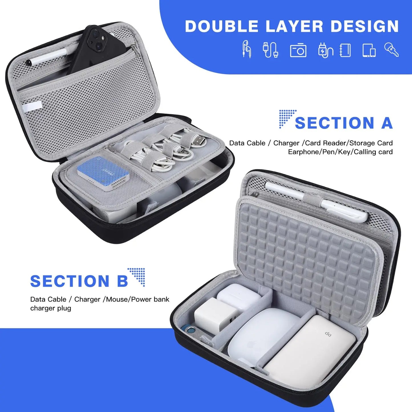 Hard Travel Electronic Organizer Case for Power Bank Chargers Cables USB Flash Drive SD Card Electronics & Backpack Organizer
