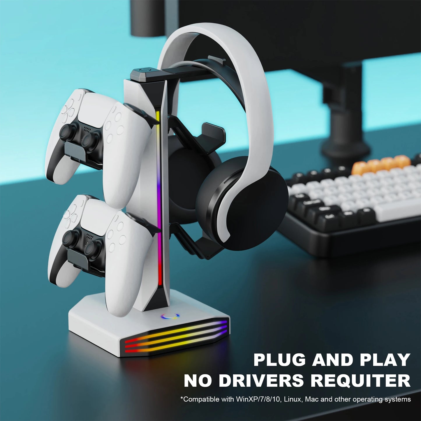 RGB Game Controller Holder Rack with 7 Light Modes, Headphone Stand 2 USB Charging and 1 Type-C for PS5/PS4/Xbox/Switch Pro