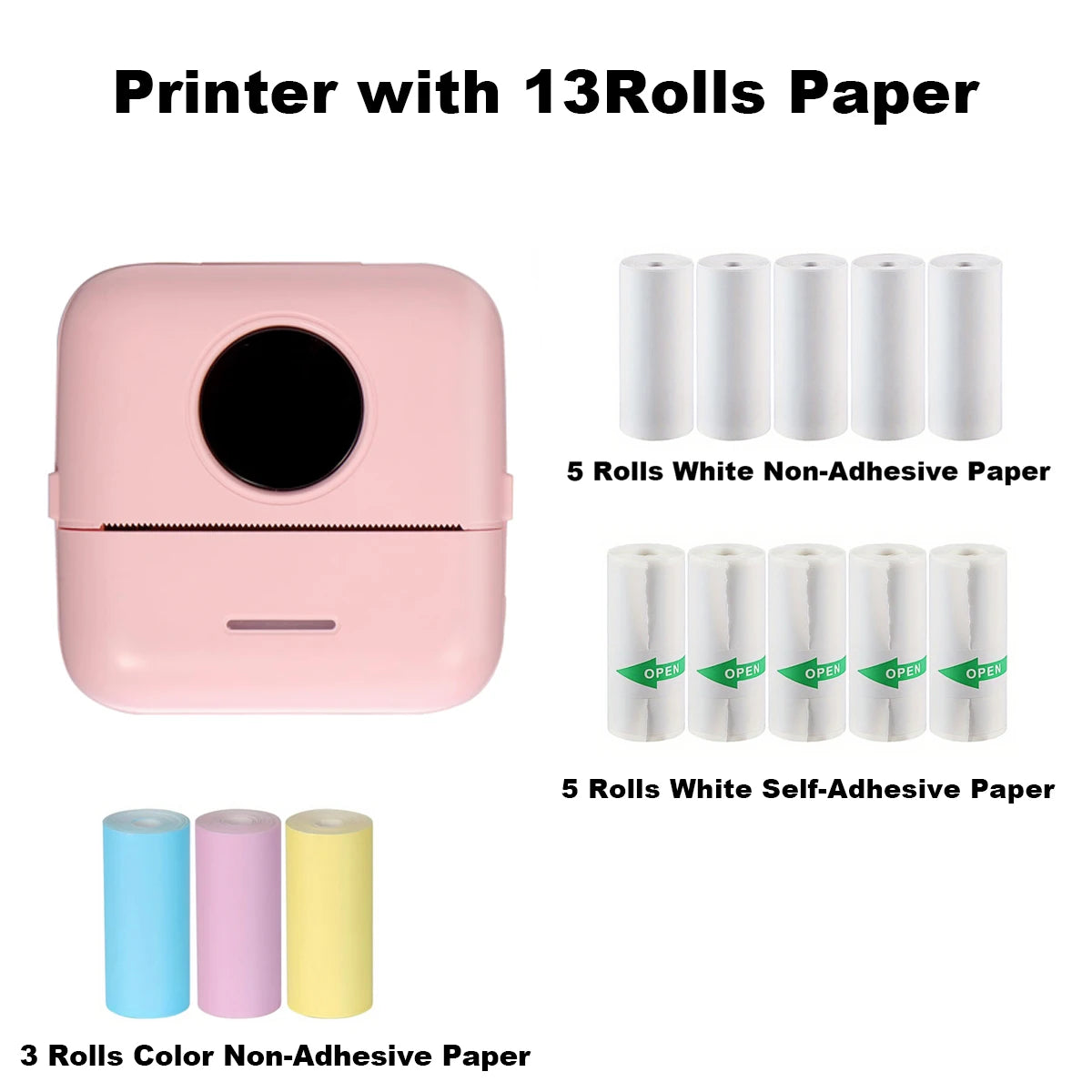 [Mini Portable Printer] Mini Portable Thermal Printer | 13 Rolls | Print Pictures, Photos, Labels, Text, To-Do Lists | 57*25mm