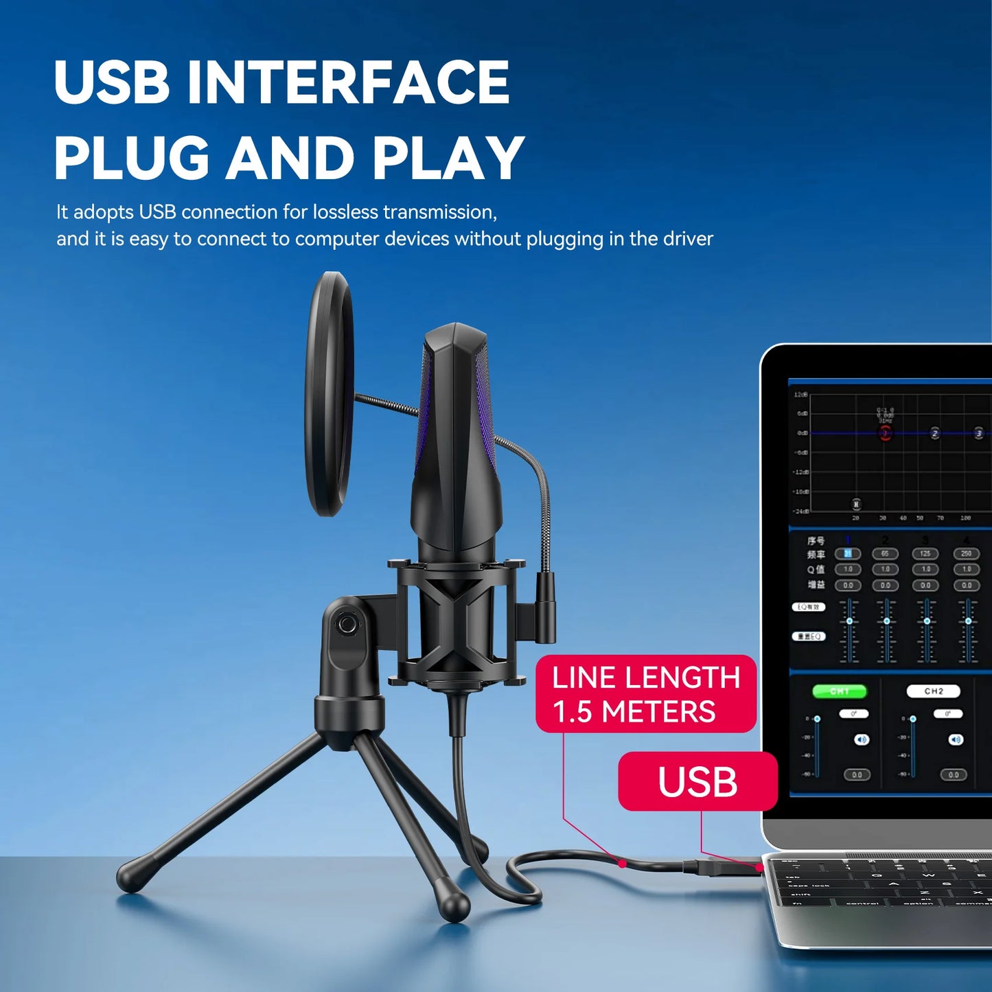 RGB Gaming Condenser Microphone,USB Gaming Microphone Kit for Laptops,PC Podcasts,Gaming,Voiceovers,Vocals & Instruments