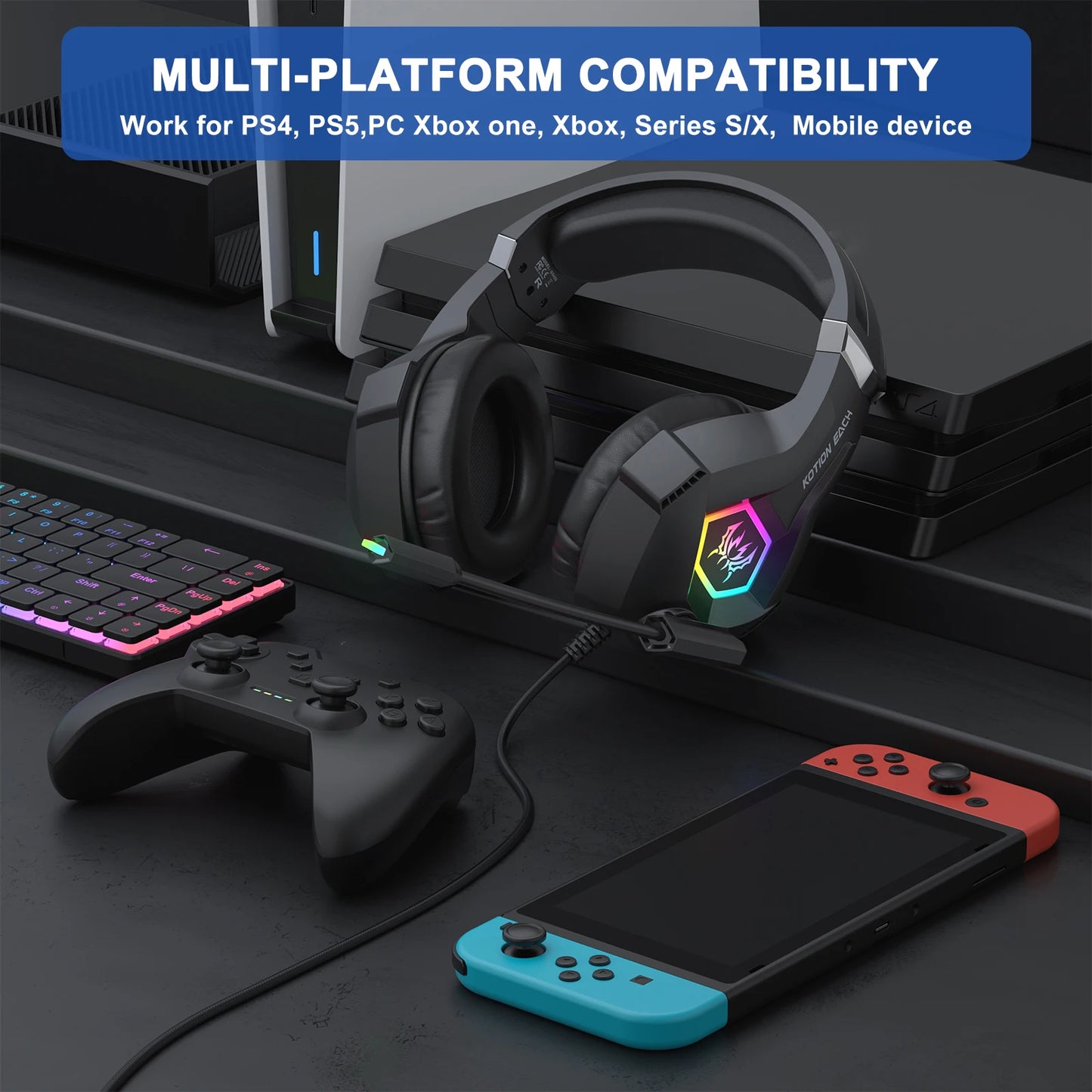 RGB Wired Gaming Headset with Noise Cancelling Mic for PC PS4 PS5 Xbox - over Ear Design Surround Sound Gaming Headphones