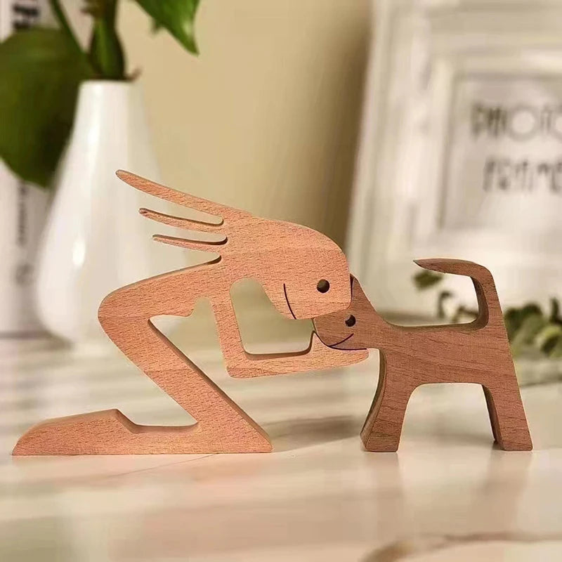 Family Puppy Wood Dog Craft Figurine Valentine's Day Gift Carving Model Home Office Decoration Christmas Gift Couple Decoration