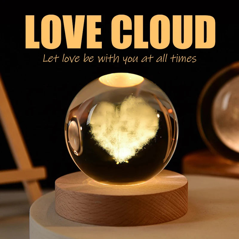 3D Crystal Ball LED Warm Night Light Wooden Base Laser Engraved Solar System Globe Galaxy Birthday Gift Home Desktop Decoration