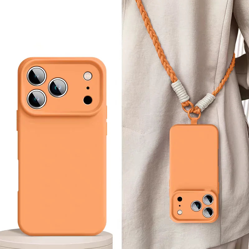 Liquid Silicone Phone Case For iPhone 17 Pro Max 17Air 16 17 Pro 15 14 Plus With Crossbody Lanyard camera Protection Coque Cover
