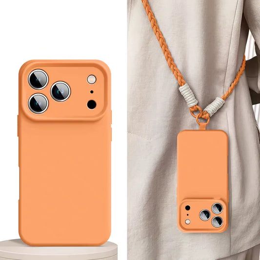 Liquid Silicone Phone Case For iPhone 17 Pro Max 17Air 16 17 Pro 15 14 Plus With Crossbody Lanyard camera Protection Coque Cover