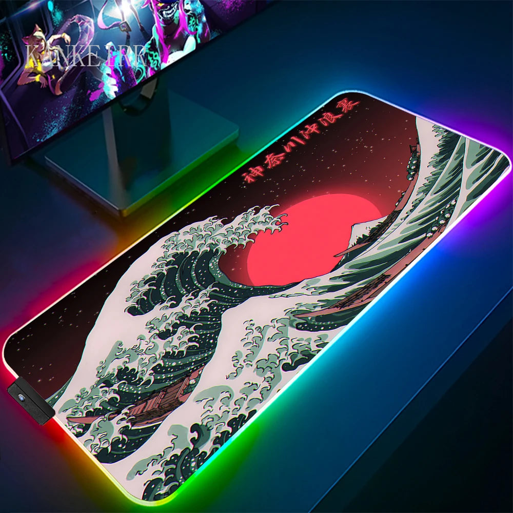 The Great Wave off Kanagawa RGB Gaming Mouse Pad Desk Mat LED Light Mousepad Artistic Computer Carpet With Backlit Mouse Pads