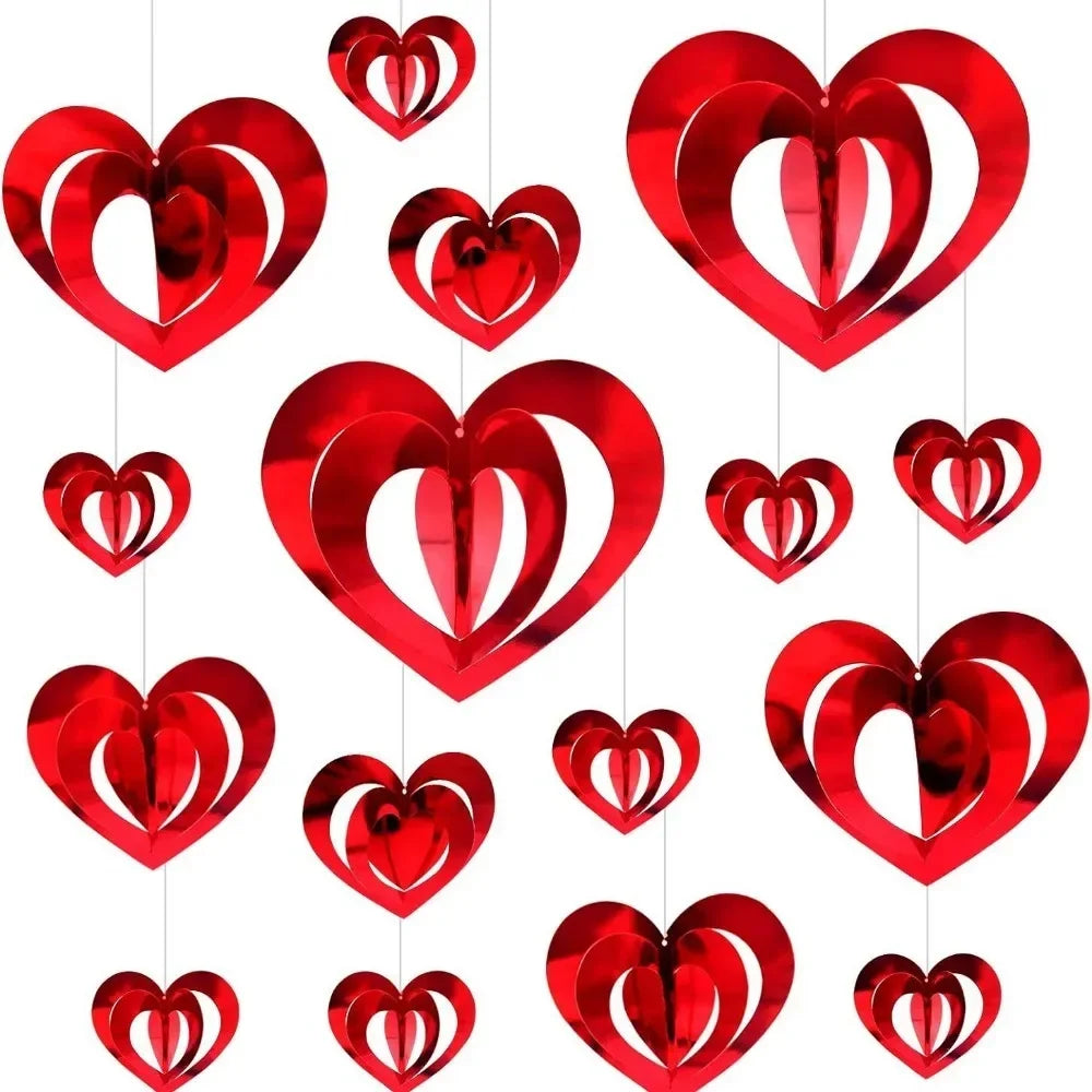 3D Red Heart Garland Valentines Day Decor Love Heart Hanging String Garland Wedding Anniversary Birthday Party Supplies