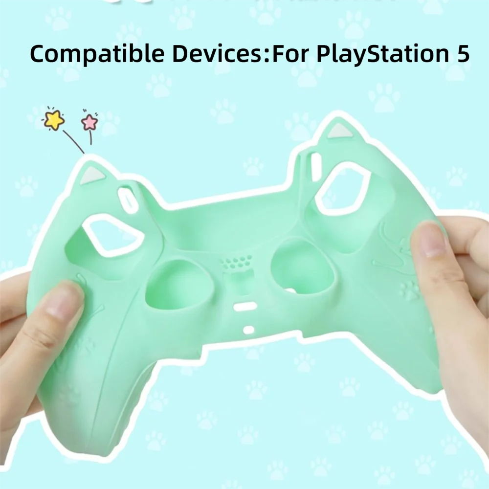 Silicone Controller Case Set with Thumb Grip Caps Cat Paw Controller Skin with Sticker Anti-slip Protective Shell Cover for PS5