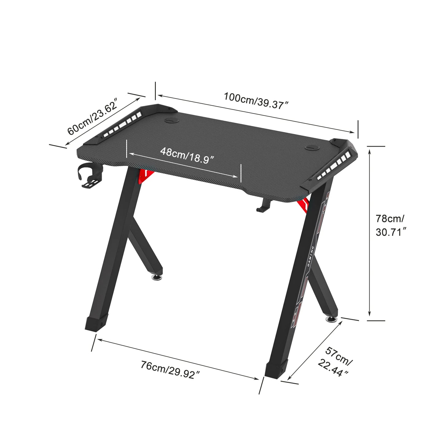 100cm/120cm RGB Gaming Desk Computer Table with LED Lights and Cup Holder