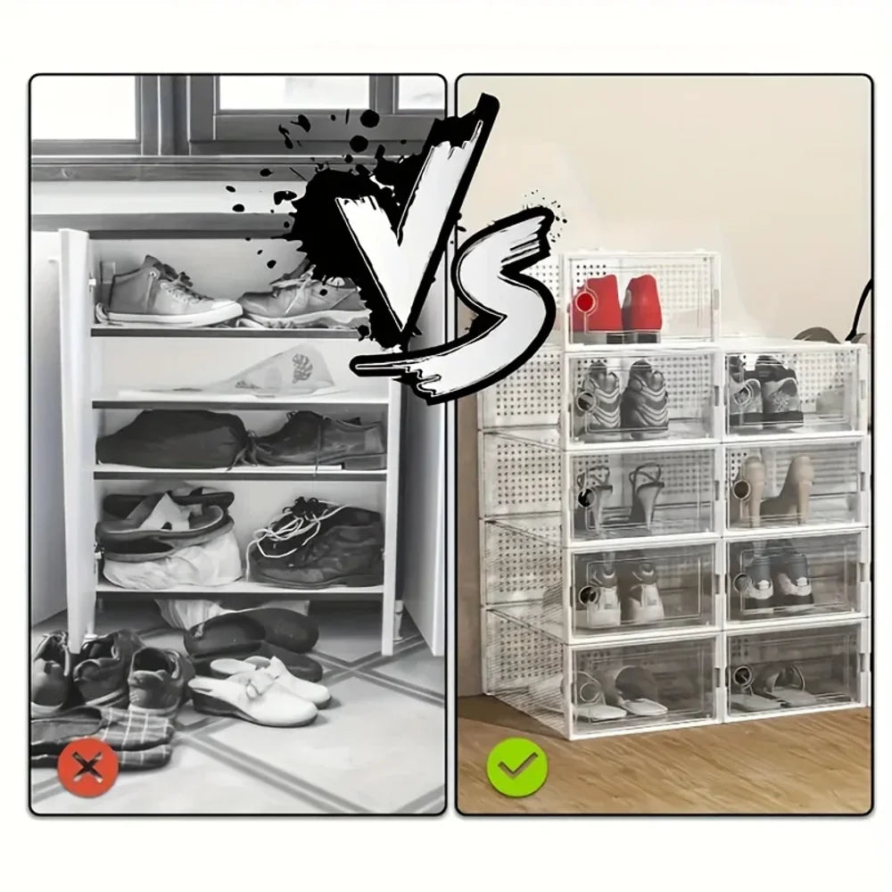 6 Pc Large Capacity Modular Space-Saving Shoe Box, Transparent Plastic Stackable with Lid, Sneaker Display Box, B