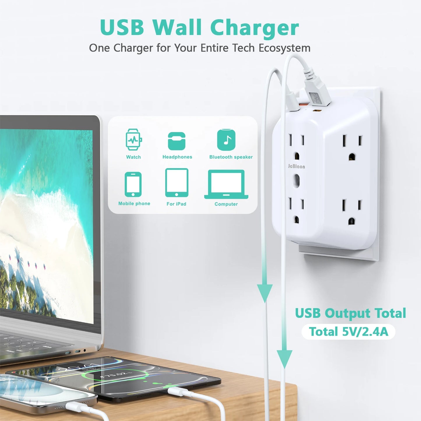 USB Wall Charger Surge Protector 6 Outlet Extender with 4 USB Charging Ports (2 USB C Outlet) , Wall Adapter Spaced for Home
