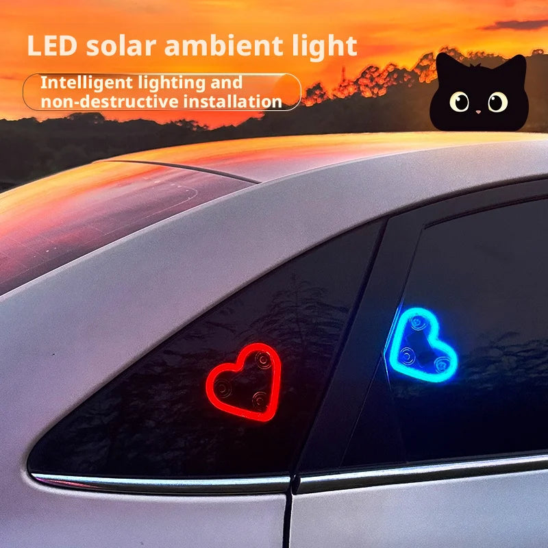 Automotive solar-powered, wire-free LED love light with triangular window, wireless neon glow, C-pillar ambiance, interior car d