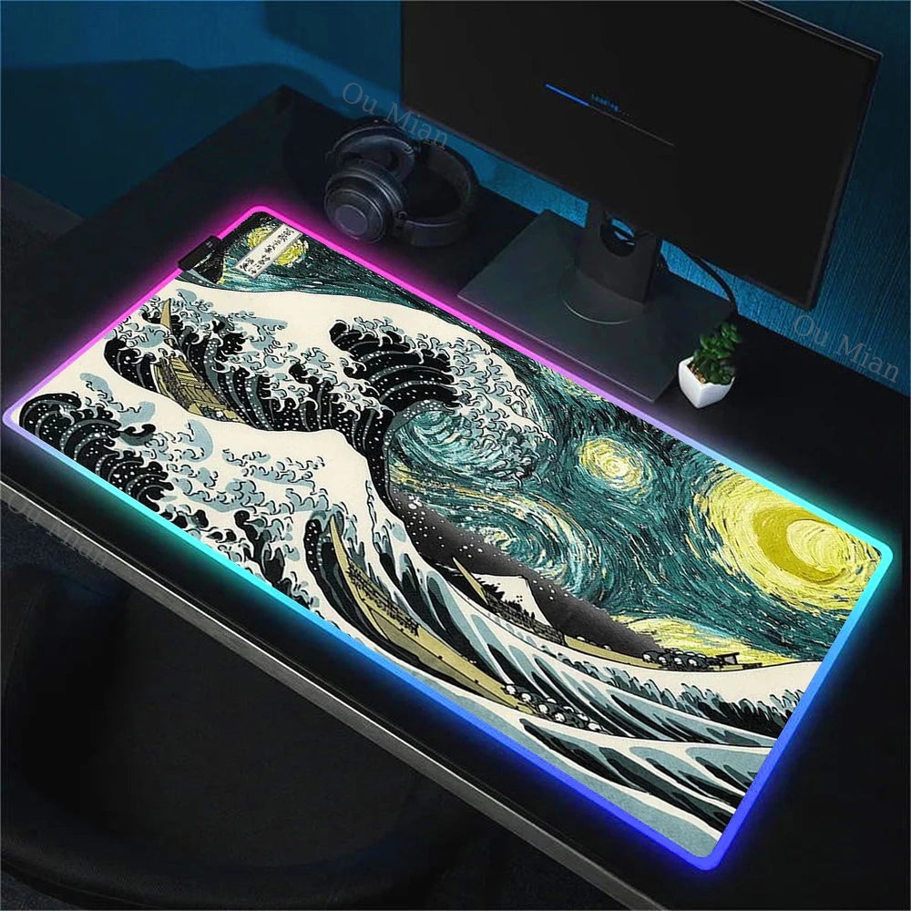 900x400mm RGB Mouse Pad The Great Wave off Kanagawa Design Waterproof Backlit Gaming Mousepad Protector with Laptop Accesso Mat