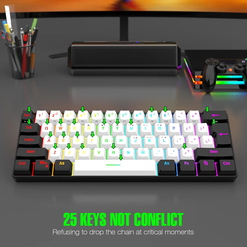60% compact wired keyboard, red switch mechanical keyboard, 61 keys, RGB backlight, ergonomic, small portable office computer me