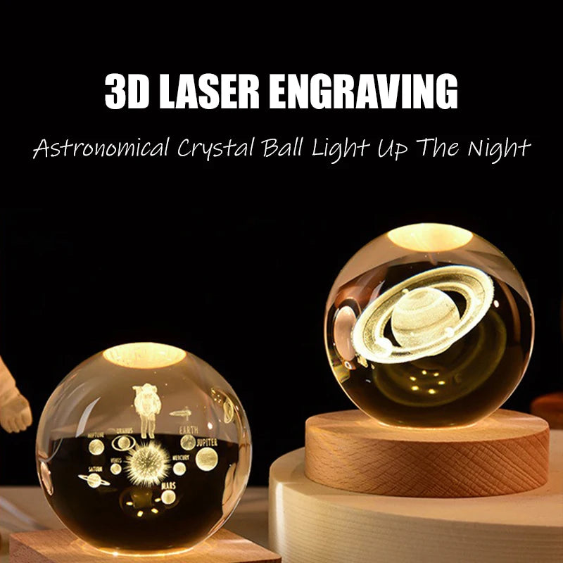 3D Crystal Ball LED Warm Night Light Wooden Base Laser Engraved Solar System Globe Galaxy Birthday Gift Home Desktop Decoration