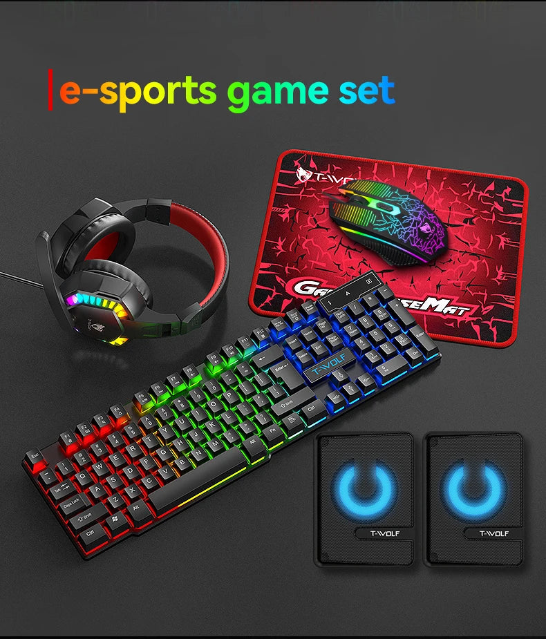 5-in-1 Set Gaming Combo Keyboard 4-color Breathing Light Mouse 3.5mm Gaming Headset Gaming Speaker Anti-slip Mouse Pad NEW HOT