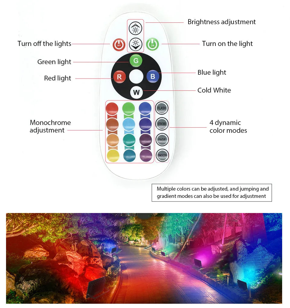 RGB LED Floodlight Remote Control 20W 30W 50W 100W 150W 200W Outdoor Spotlights AC220V Waterproof IP66  Outdoor Ambient Light