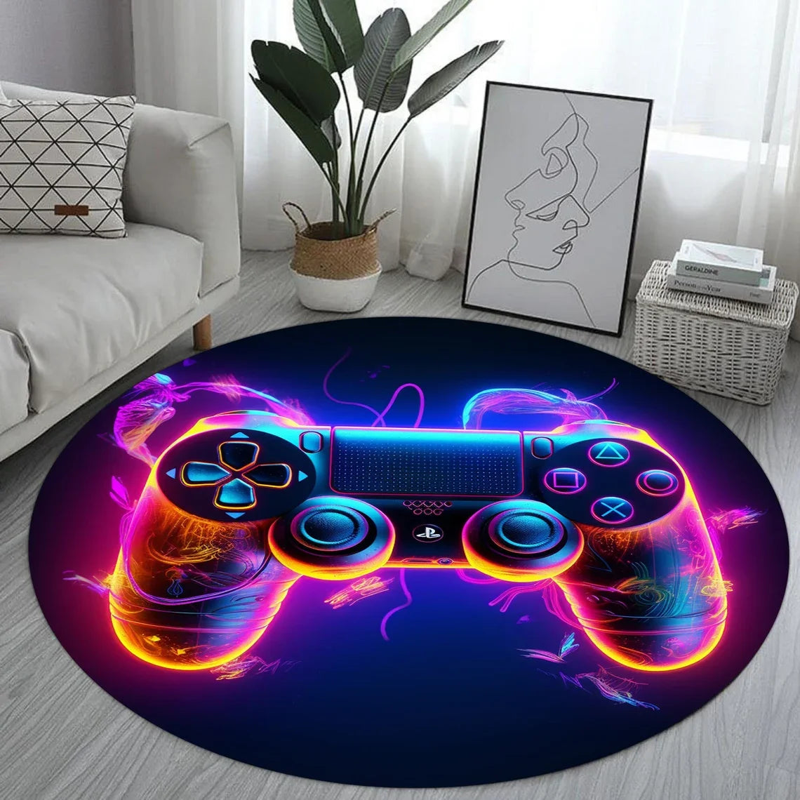 Gamer Controller Round Rug Cool Black Circuit Board Carpet for Gaming Rooms, Teens, Man Caves & Geek Decor Floor Mat
