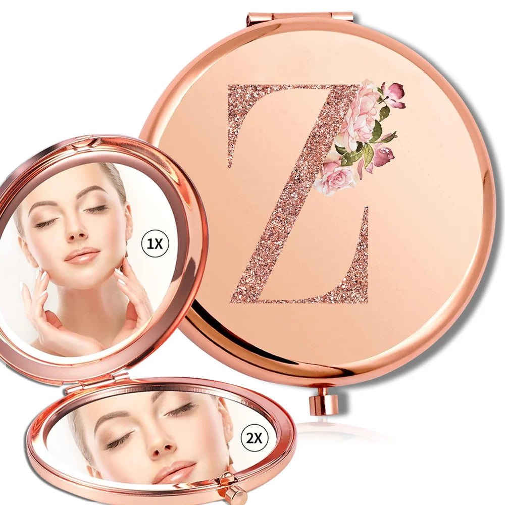 Magnifying Makeup Round Mirror Double Sided Metal Cosmetic Portable Look Glass Compact Handheld Mirror Rose Gold Letter Pattern