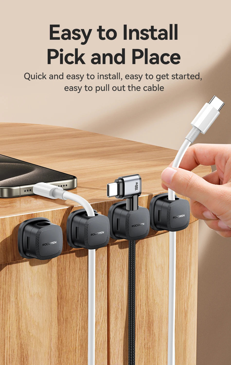 Rocoren Magnetic Cable Organizer Smooth Adjustable Cable Holder Under Desk 6PCS Stable Cable Management Wire Keeper Cable Clips