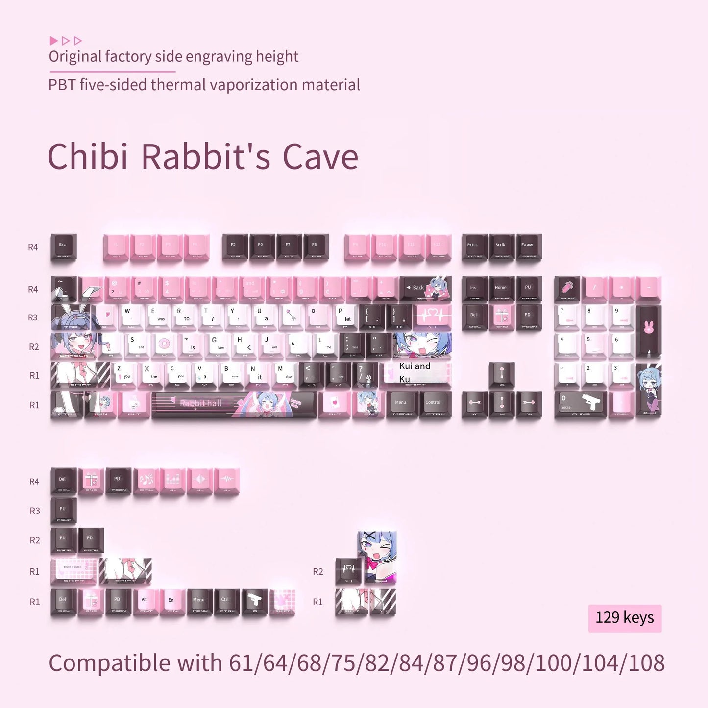 74/129 key is a combination of powder, white and brown colors. It has a Japanese anime style and is made of PBT material