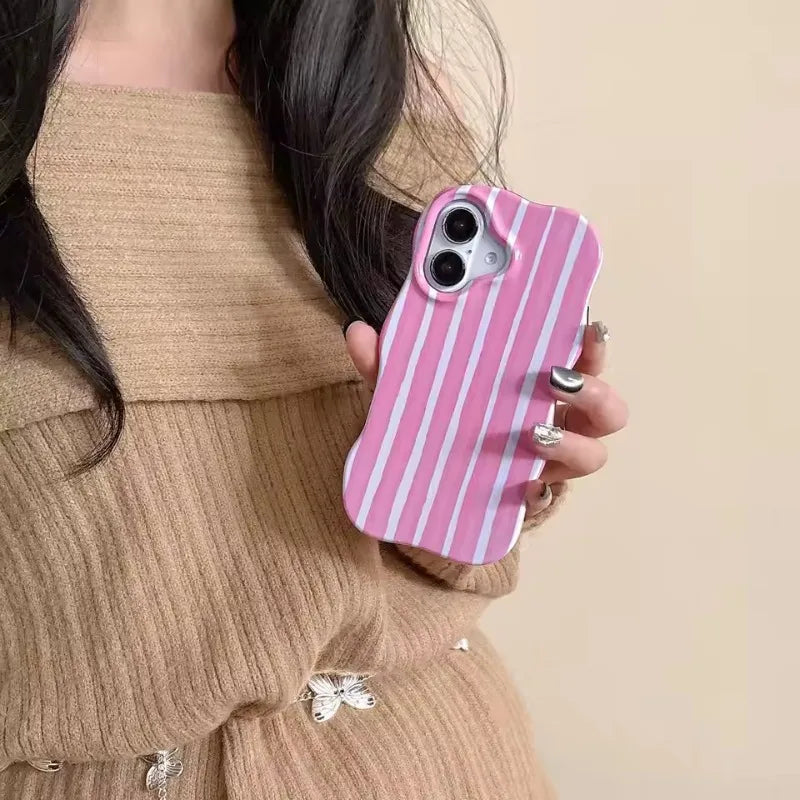Fashion 2 in 1 Glossy Stripes Phone Case For IPhone 16 15 14 13 Pro Max Comfortable Touch Wave Edges Hard Slim Back Cover Shell
