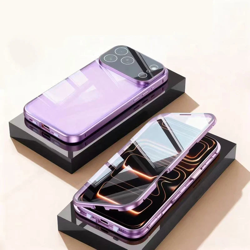Double Sided Buckle Magnetic Glass Case For iPhone 17 16 15 14 13 12 Pro Max Air Mini Plus 360° Full Body Protection Phone Cover