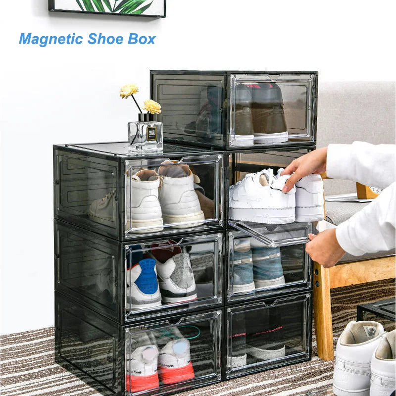Magnetic Shoe Organizer Plastic Transparent Drawer Shoe Storage Box Space Saving Dormitor Shoe Rack Shoe Cabinet