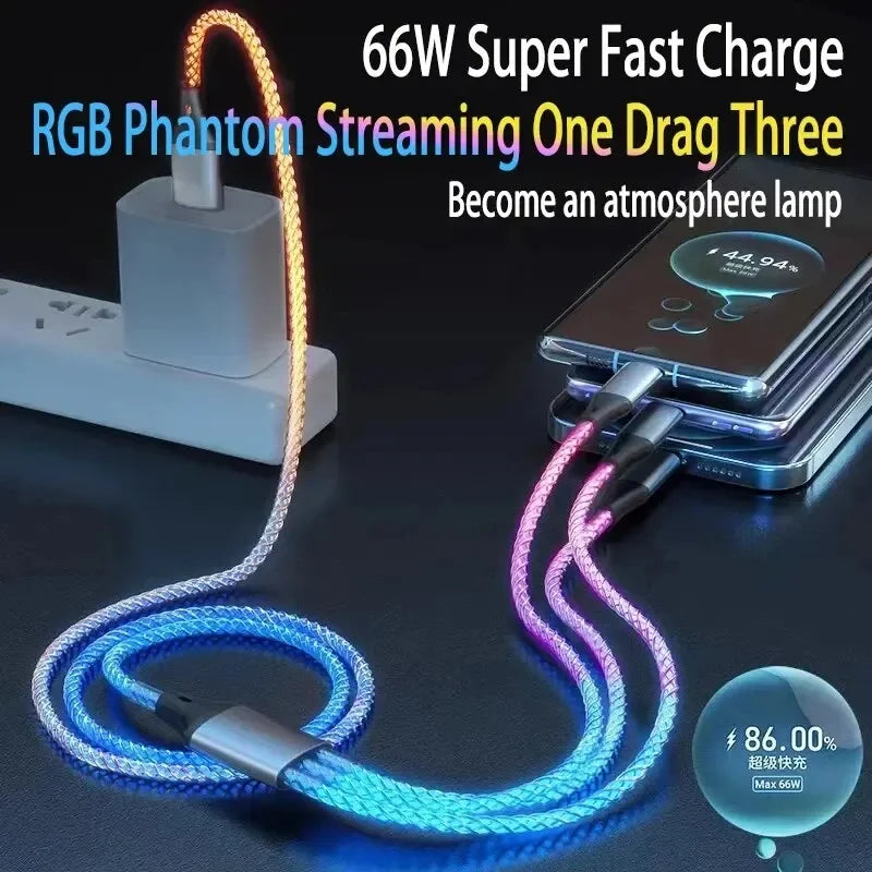 3 in 1 1.2M 6A Super Fast Charging Colorful Light Data Cable Drag Three RGB Breathing Gradient Car Charging Cable USB Universal