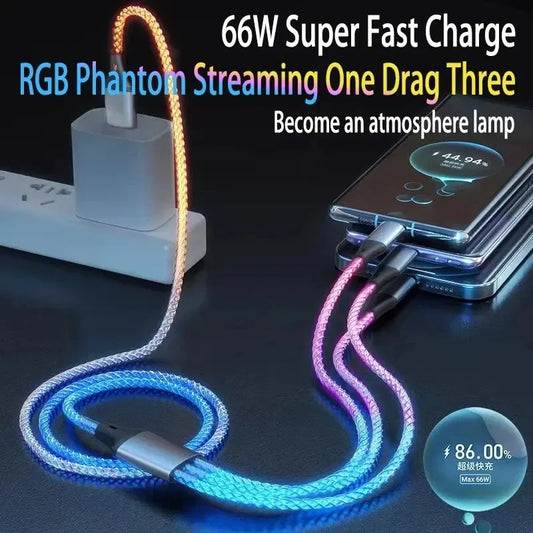 3 in 1 1.2M 6A Super Fast Charging Colorful Light Data Cable Drag Three RGB Breathing Gradient Car Charging Cable USB Universal