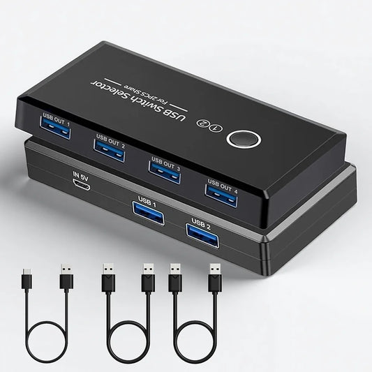 USB Switch Selector 2 Computers Share 4 USB Devices for PC Laptop Mouse Keyboard Printer Scanner One Button Switcher Box