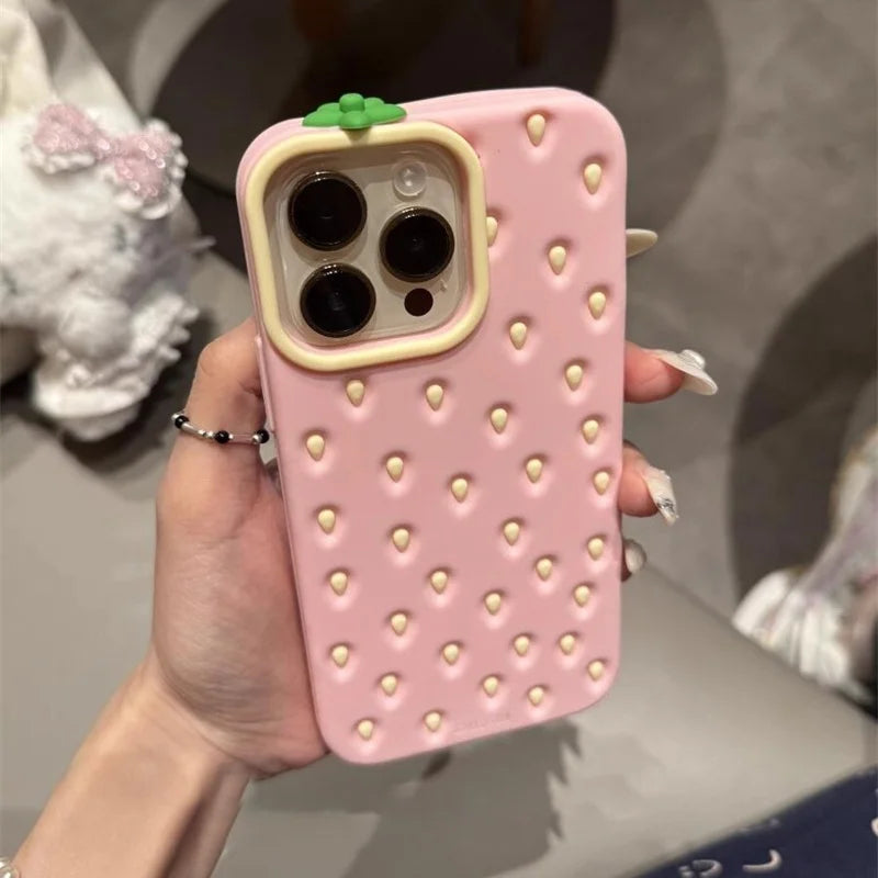 Cute girl pink strawberry shaped phone case for iPhone 12 13 14 15 16 pro max