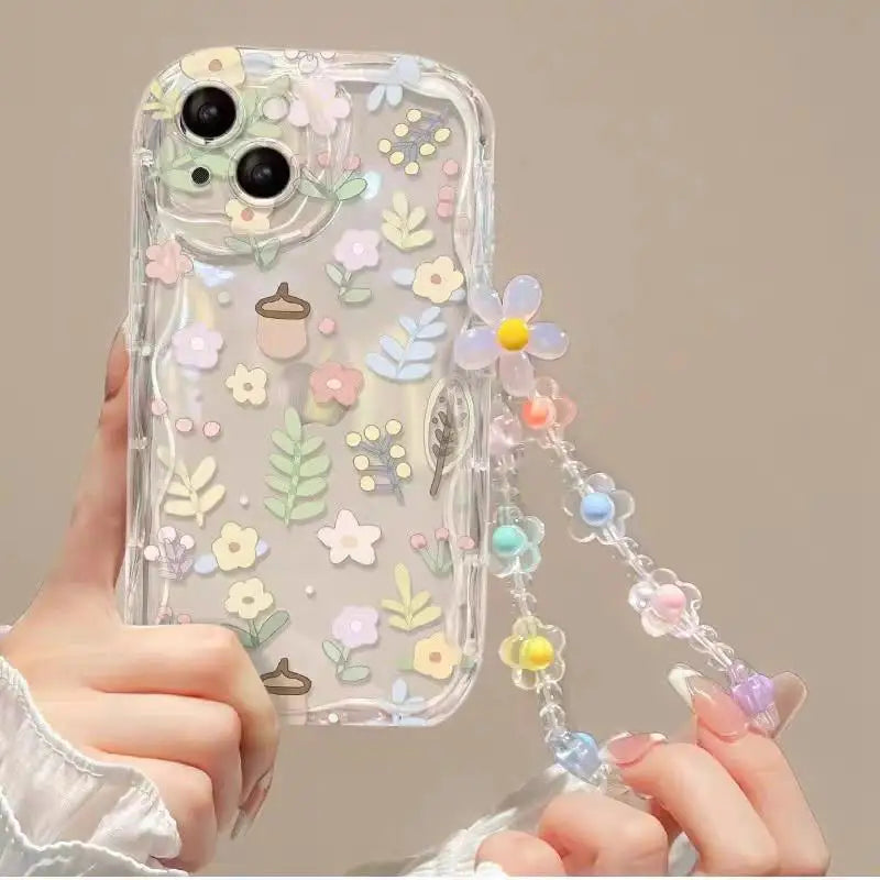 Phone Case For iPhone 17 16 15 Pro Max 14 11 13 12 Mini Plus 16E 17 Air IPhone17 Back Cover Flower Bracelet Wrist Chain Strap
