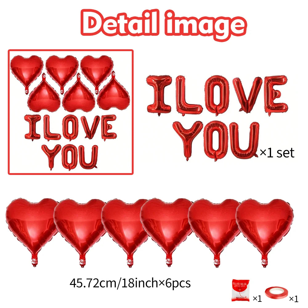 I LOVE YOU letter balloon set with heart-shaped aluminum foil balloons for Valentine's Day proposal, wedding party decoration