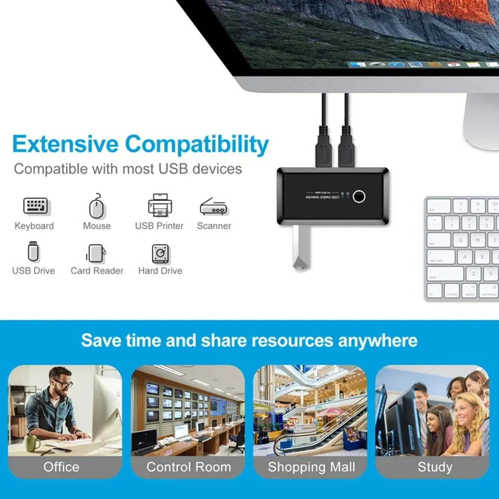 USB Switch Selector 2 Computers Share 4 USB Devices for PC Laptop Mouse Keyboard Printer Scanner One Button Switcher Box