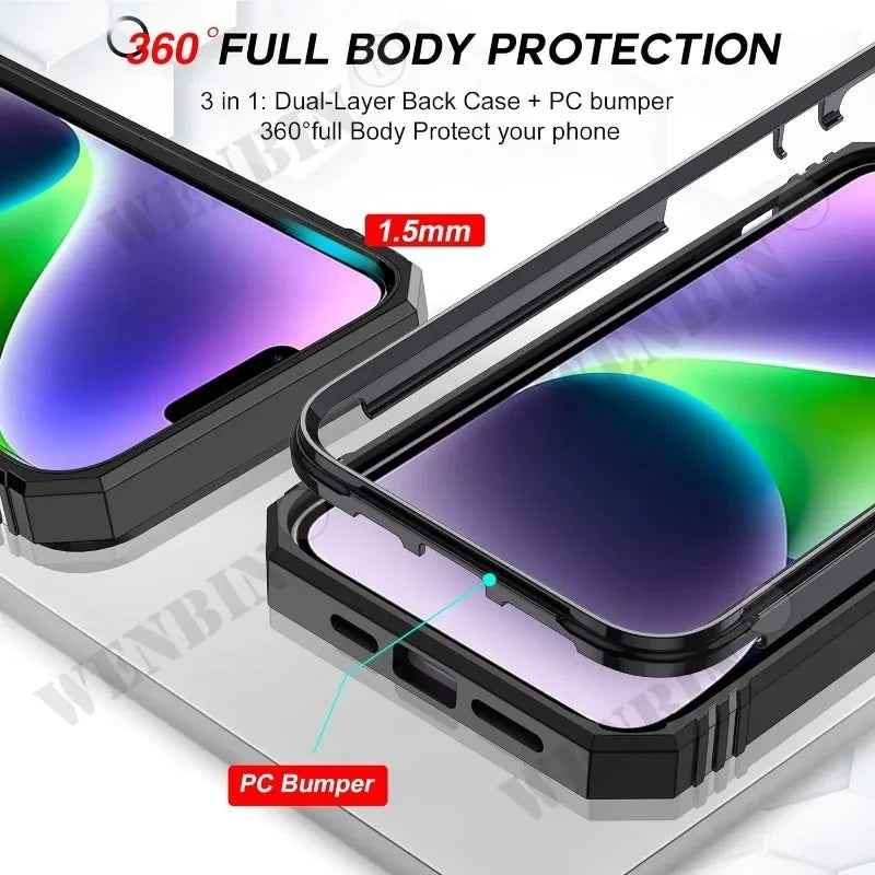 Case For iPhone 17 Pro Max 16 15 14 13 Pro Max 16E Heavy Duty With Camera 360 Degree Kickstand Cover Capa Fundas