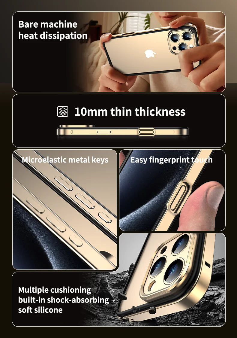 Camera Protection + Hybrid Silicone Frame Aluminum Metal Phone Case For iPhone 16 15 14 13 Pro Max Better Heat Bumper