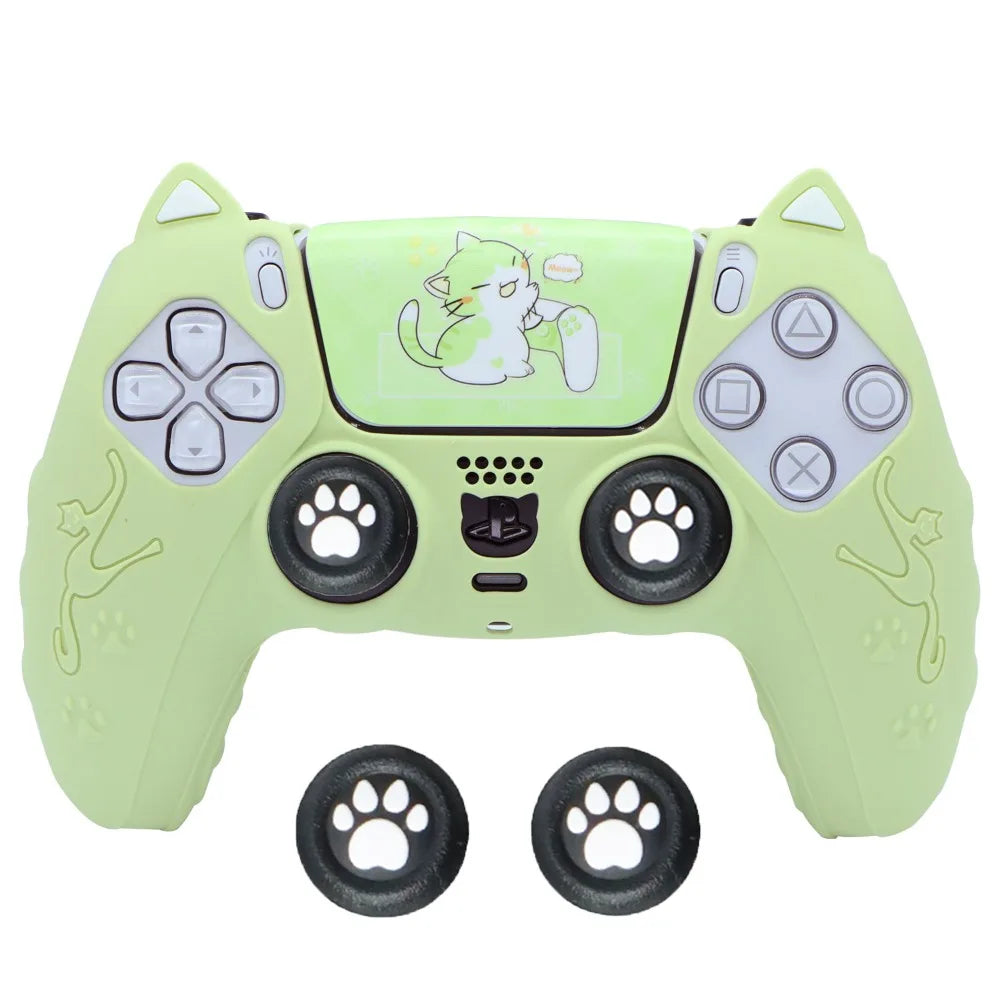 Silicone Controller Case Set with Thumb Grip Caps Cat Paw Controller Skin with Sticker Anti-slip Protective Shell Cover for PS5