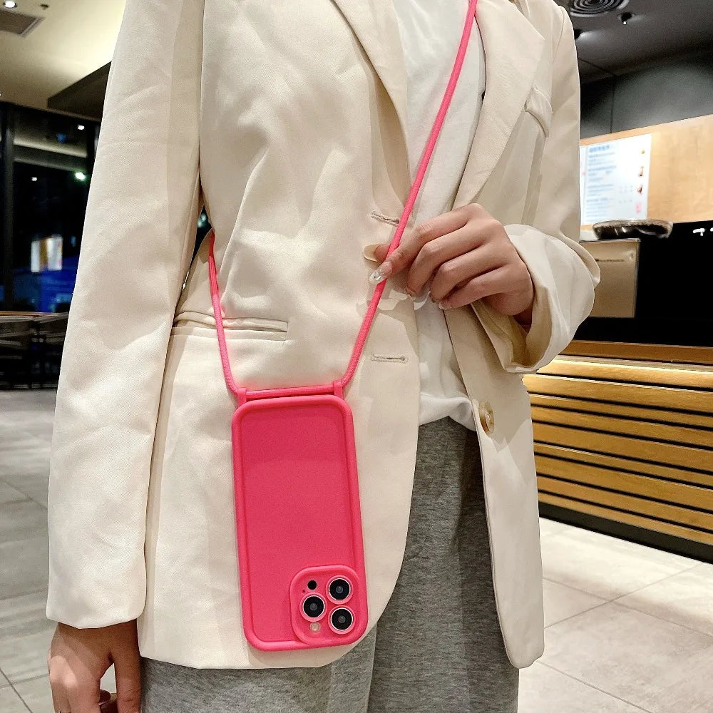 Crossbody Soft Phone Case For iPhone 17 Air 16E 15 16 Pro Max 14 13 12 11 7 8 Plus XS XR SE 2022 Adjustable Lanyard Strap Cover