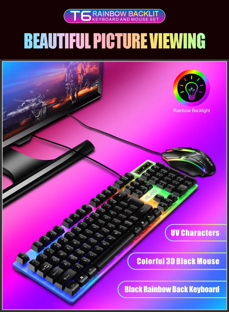 Rainbow Backlit Wired Keyboard and Mouse,Floating Keycap Strong, Wear-resistant,  Comfortable Feel Keyboard for Business Office