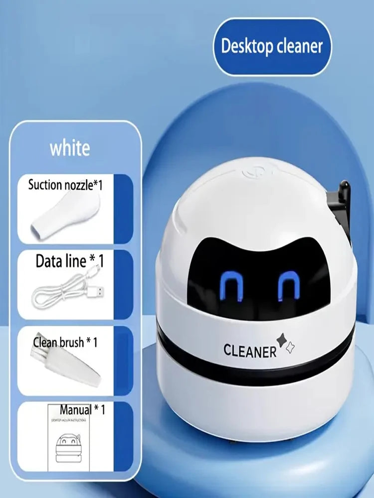 Mini Desktop Vacuum Cleaner Portable USB Rechargeable Battery Powered Robot Cute Shape Silent Pick Up Small Objects Debris Gift