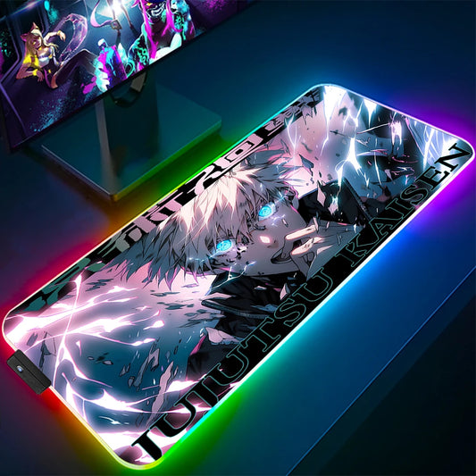 Jujutsu Kaisen Anime RGB Pc Gamer Keyboard Mouse Pad Gojo Satoru Mousepad LED Glowing Mouse Mats Rubber Gaming Computer Mats Xxl