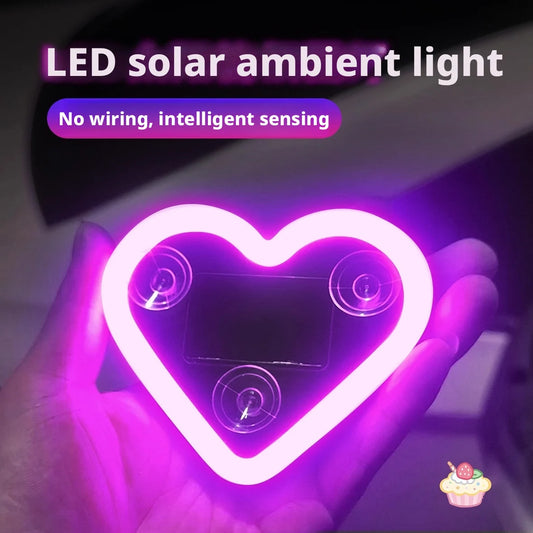 Automotive solar-powered, wire-free LED love light with triangular window, wireless neon glow, C-pillar ambiance, interior car d