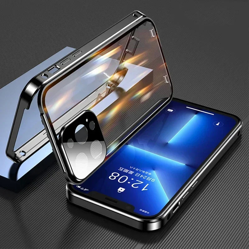 Double Sided Magnetic 360° Protection Glass Case For iPhone 17 16E 16 15 14 Plus 13 12 Mini 11 Pro Max Lens Protector Metal Case